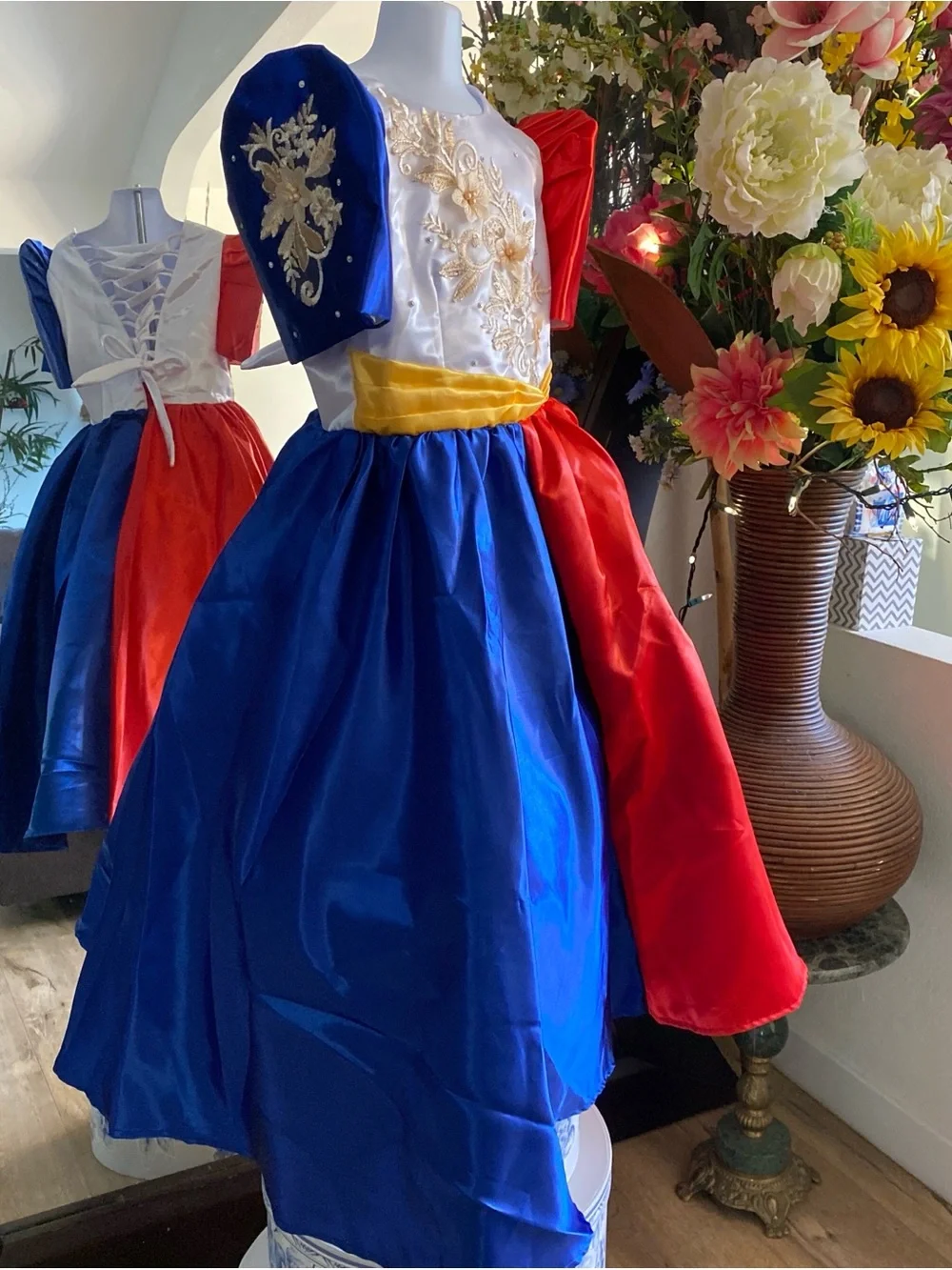 Filipiniana 12 y/o Girl Philippine Flag design Red White BlueDress Gold Accents